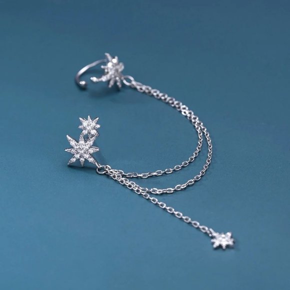 925 Sterling Silver Diamond Star Chain Earrings - Picture 6 of 8
